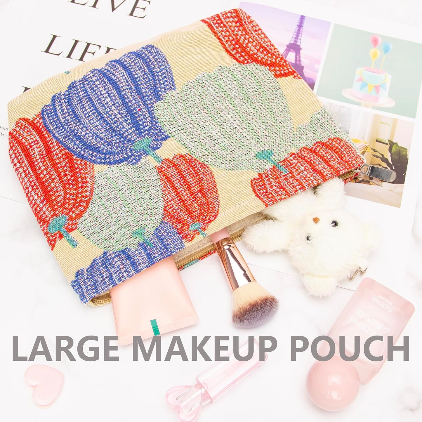 PAZIMIIK Makeup Bag Large Cotton Zipper Pouch for Purse Travel Canvas Make Up Organizer for Women Cosmetic,Linen Colorful